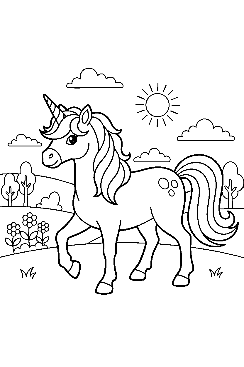unicorn walking proudly in a peaceful countryside line art