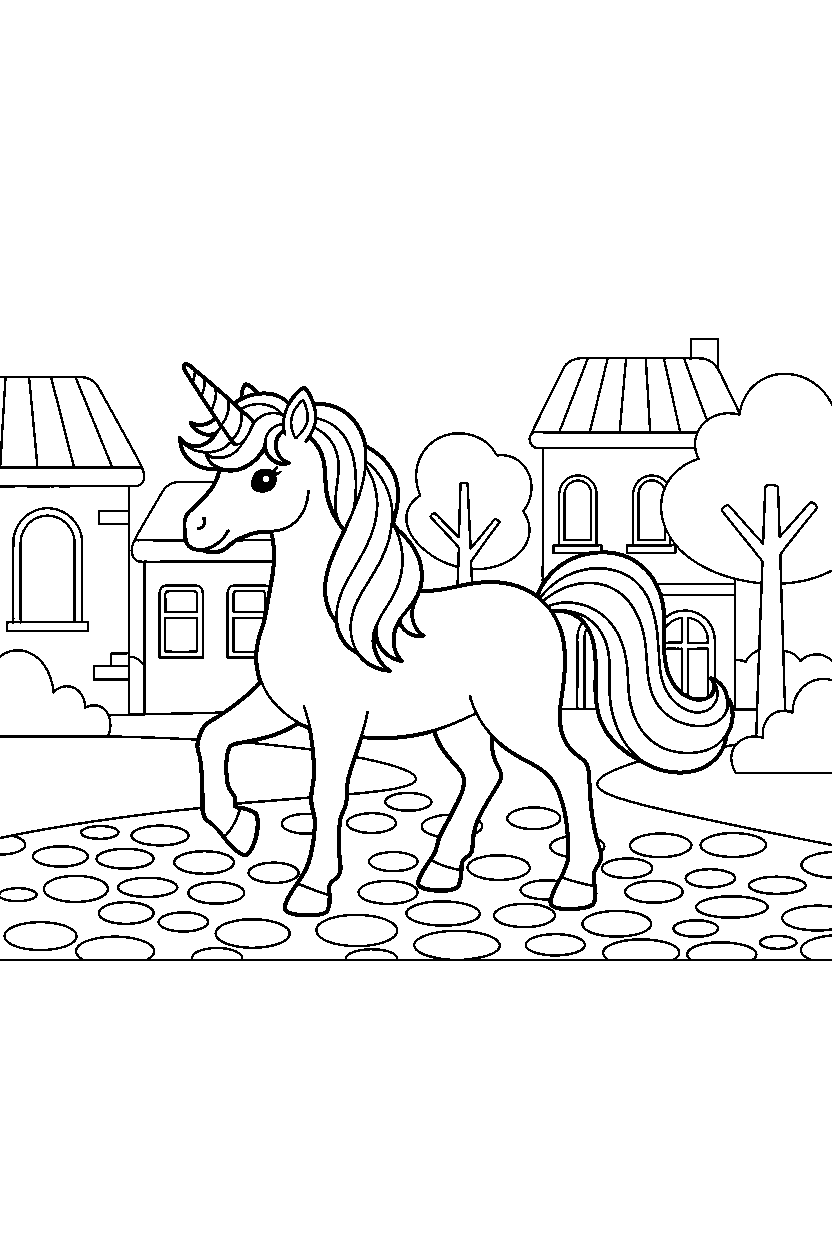 unicorn walking slowly in town line art