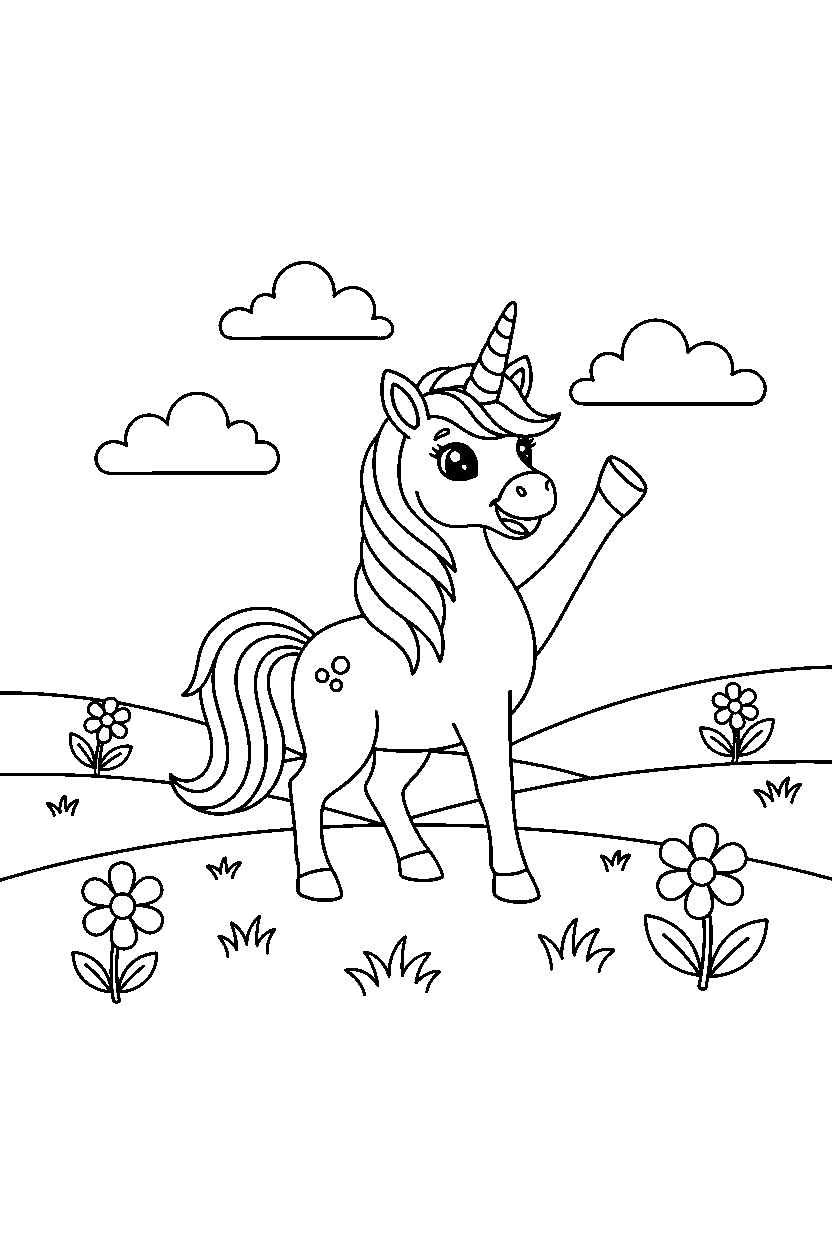unicorn waving in open field line art