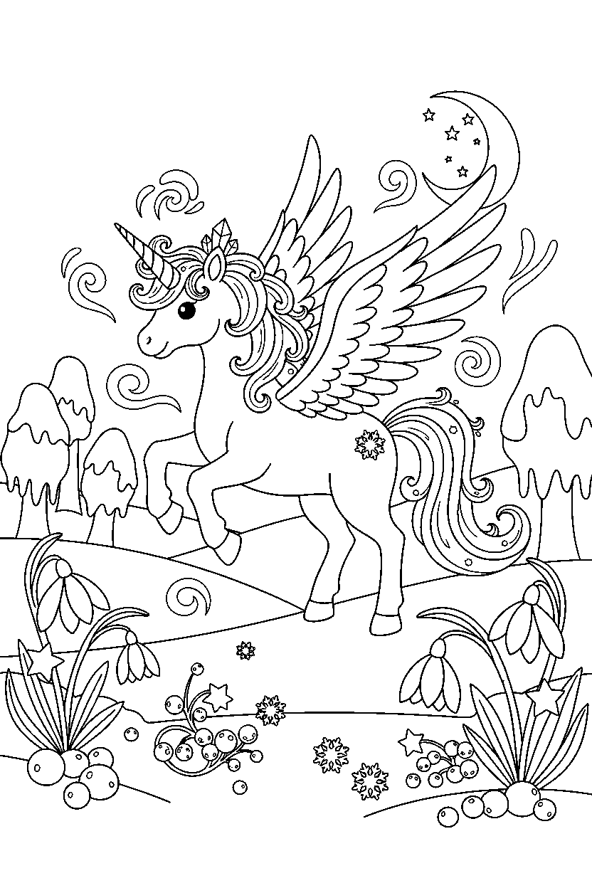 winter unicorn getting ready to fly in a fairy garden line art