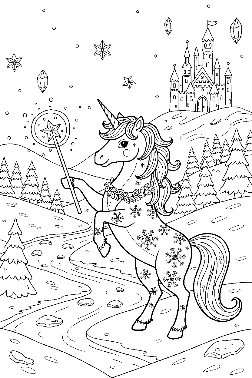 winter unicorn holding a magic wand in a magic valley line art