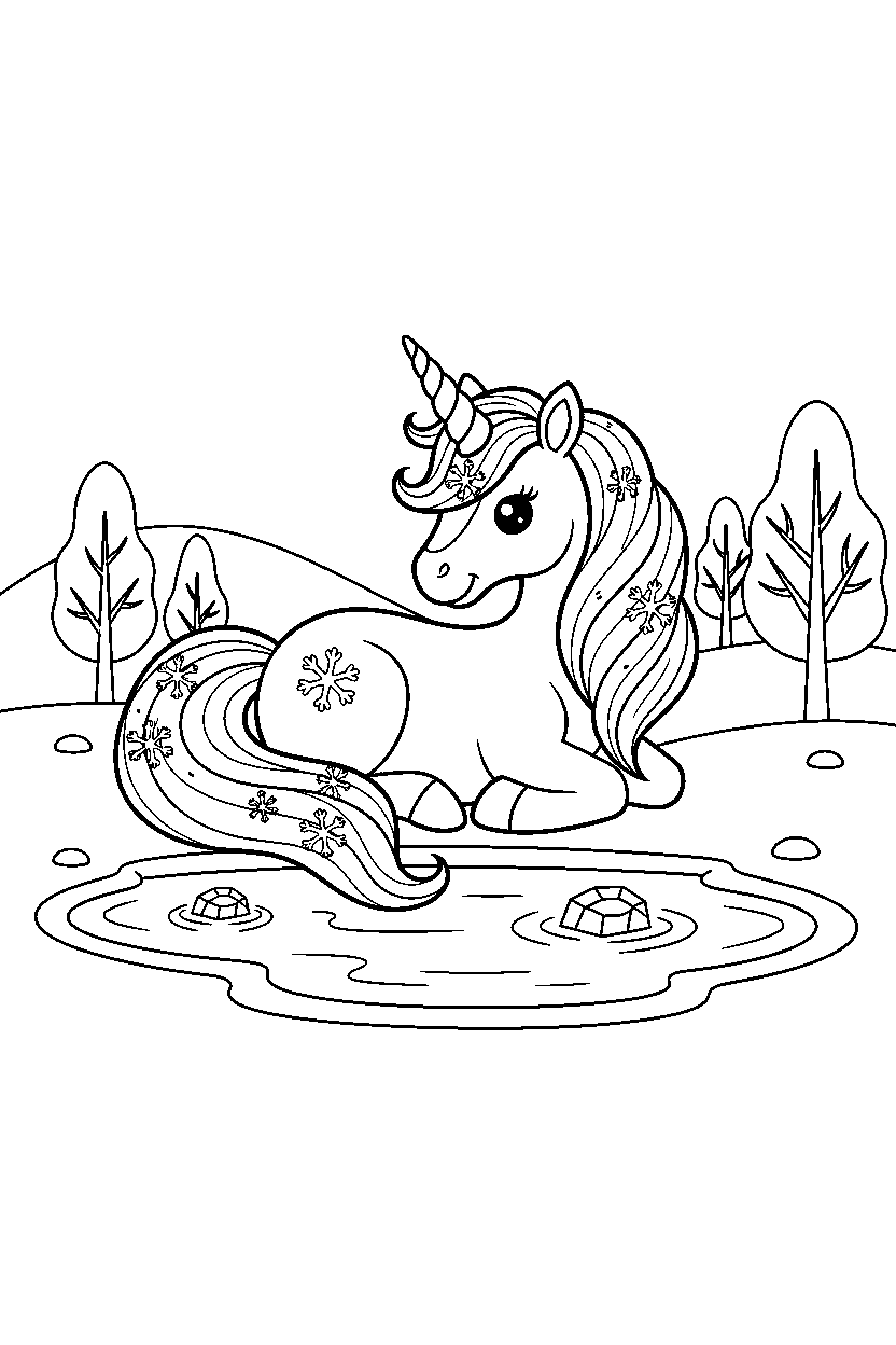 winter unicorn resting peacefully near a peaceful pond line art