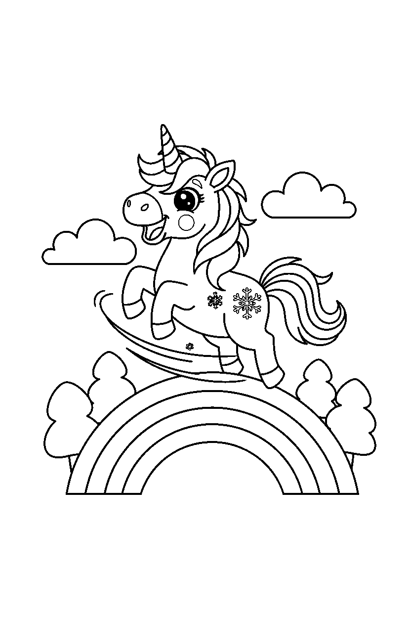 winter unicorn spinning happily on a rainbow hill line art