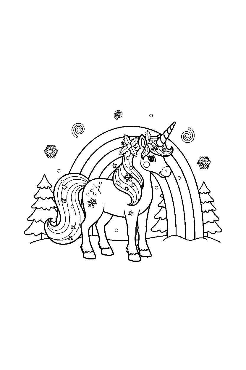 winter unicorn standing peacefully near a rainbow line art