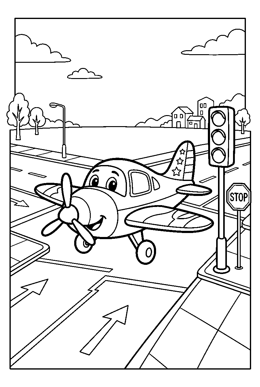 airplane at traffic intersection line art