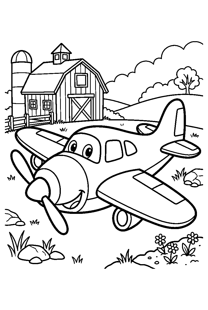 airplane in barnyard line art