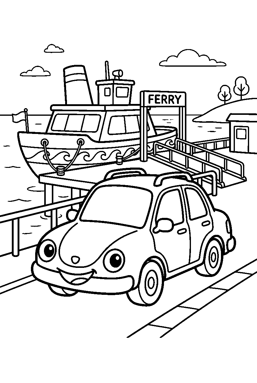 car at ferry terminal line art