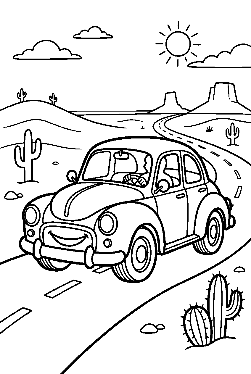 car on desert highway line art