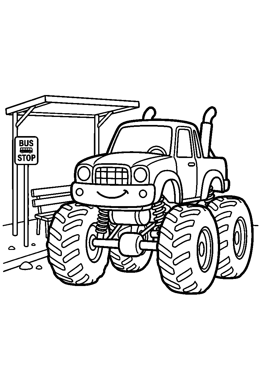 monster truck at bus stop line art