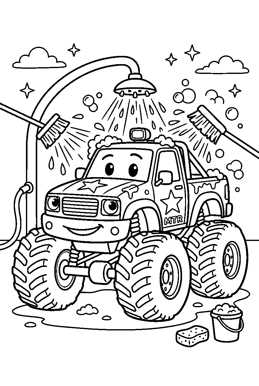 monster truck at car wash line art
