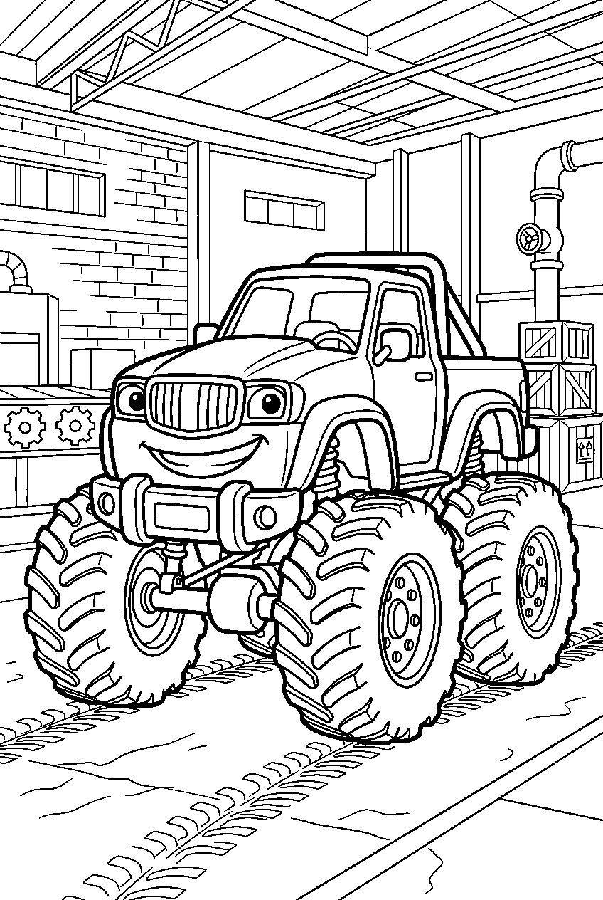 monster truck at factory line art