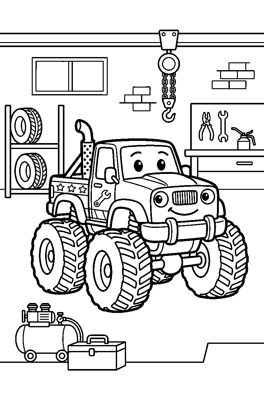 monster truck at repair garage line art