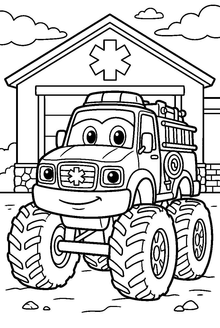 monster truck at rescue center line art