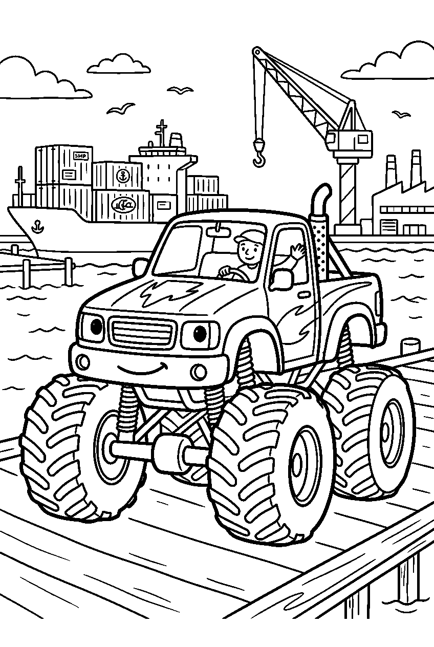 monster truck at shipping port line art