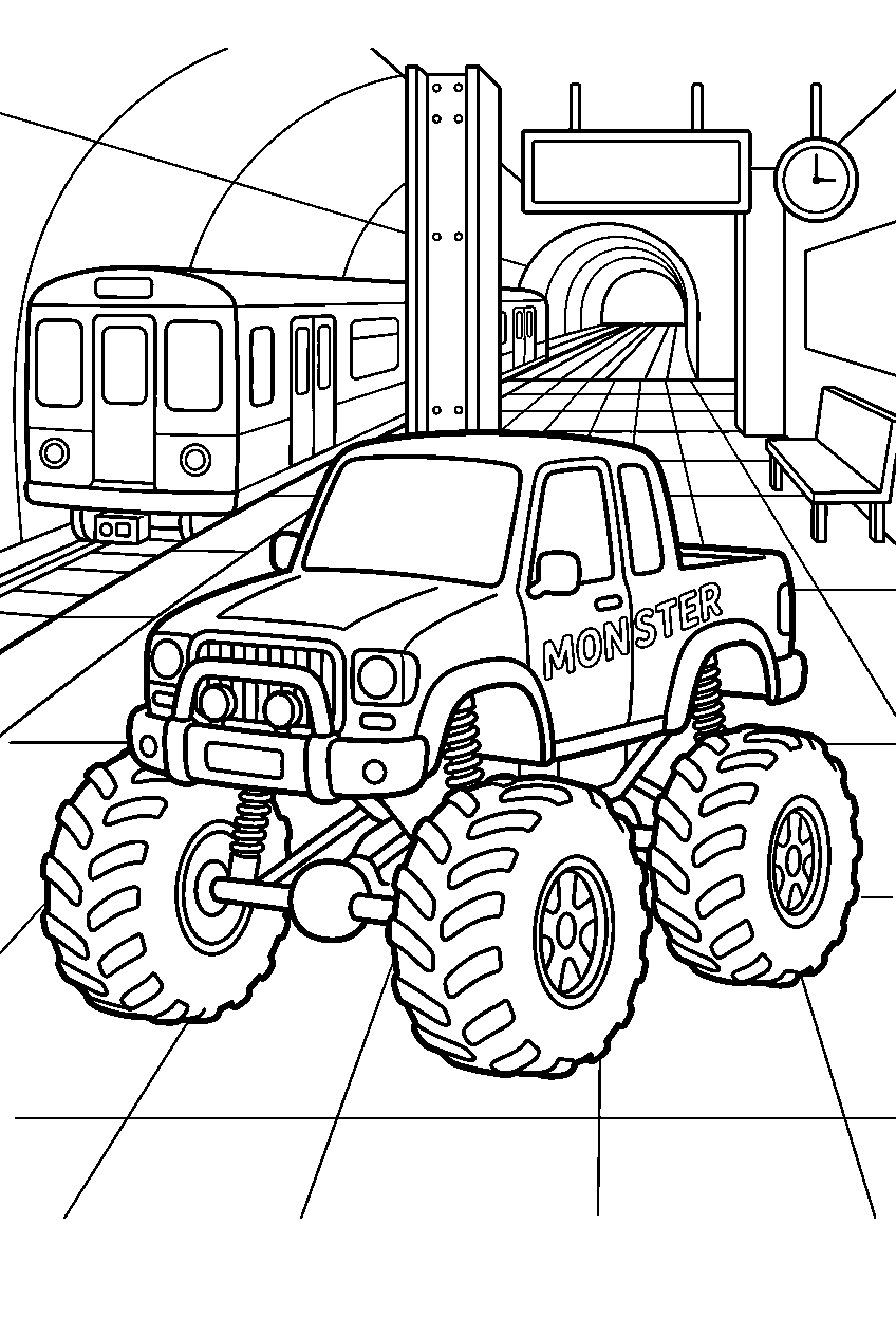 monster truck at subway station line art