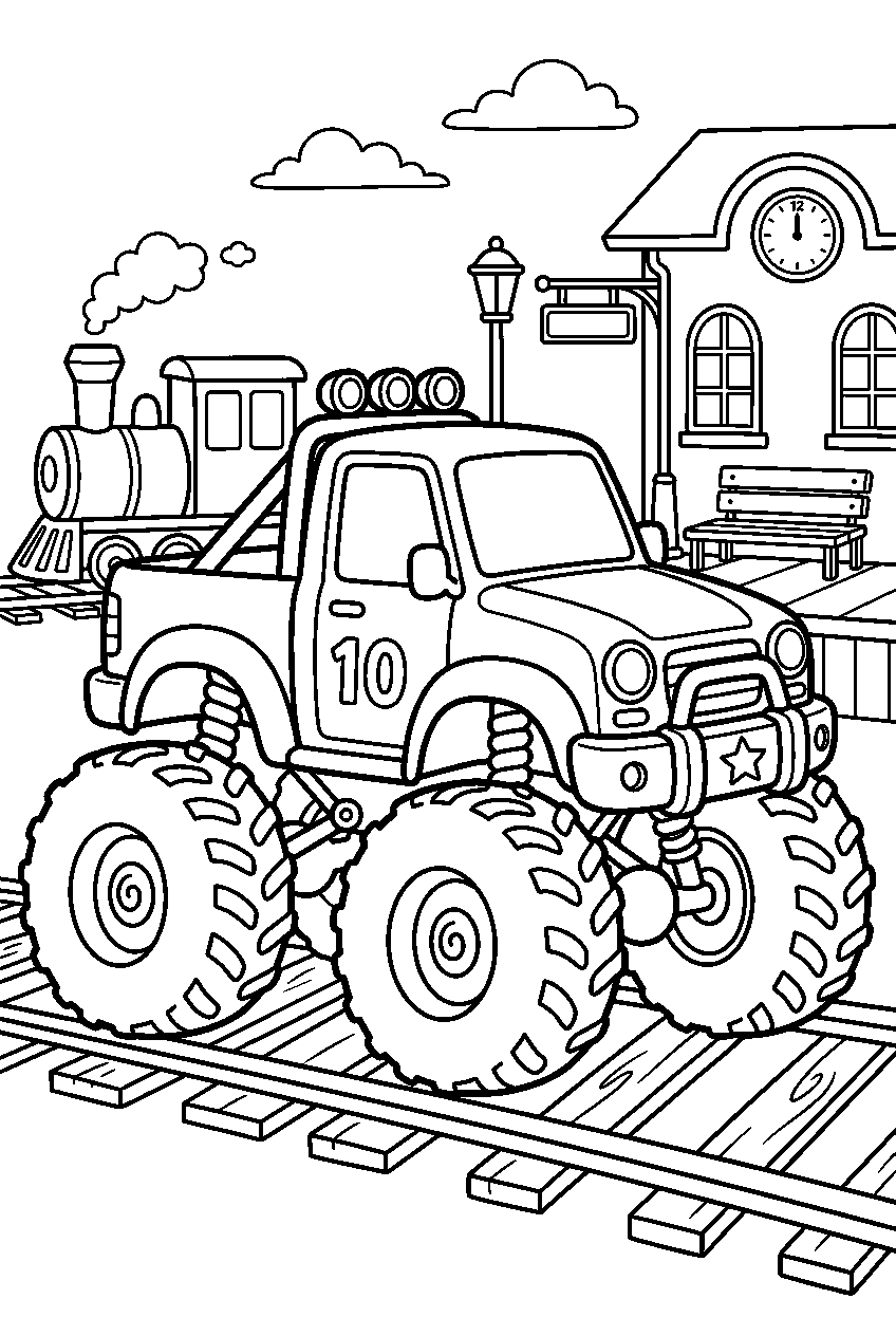 monster truck at train station line art