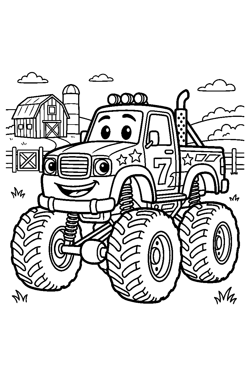 monster truck in barnyard line art