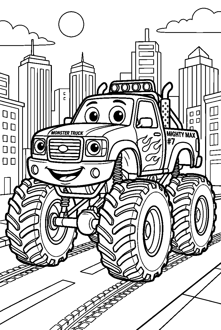 monster truck in downtown city line art