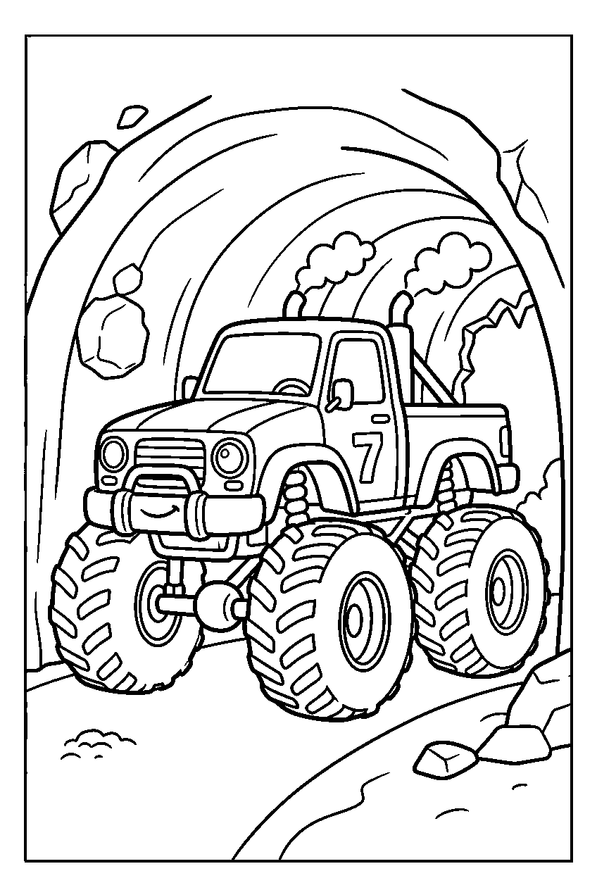monster truck in tunnel line art