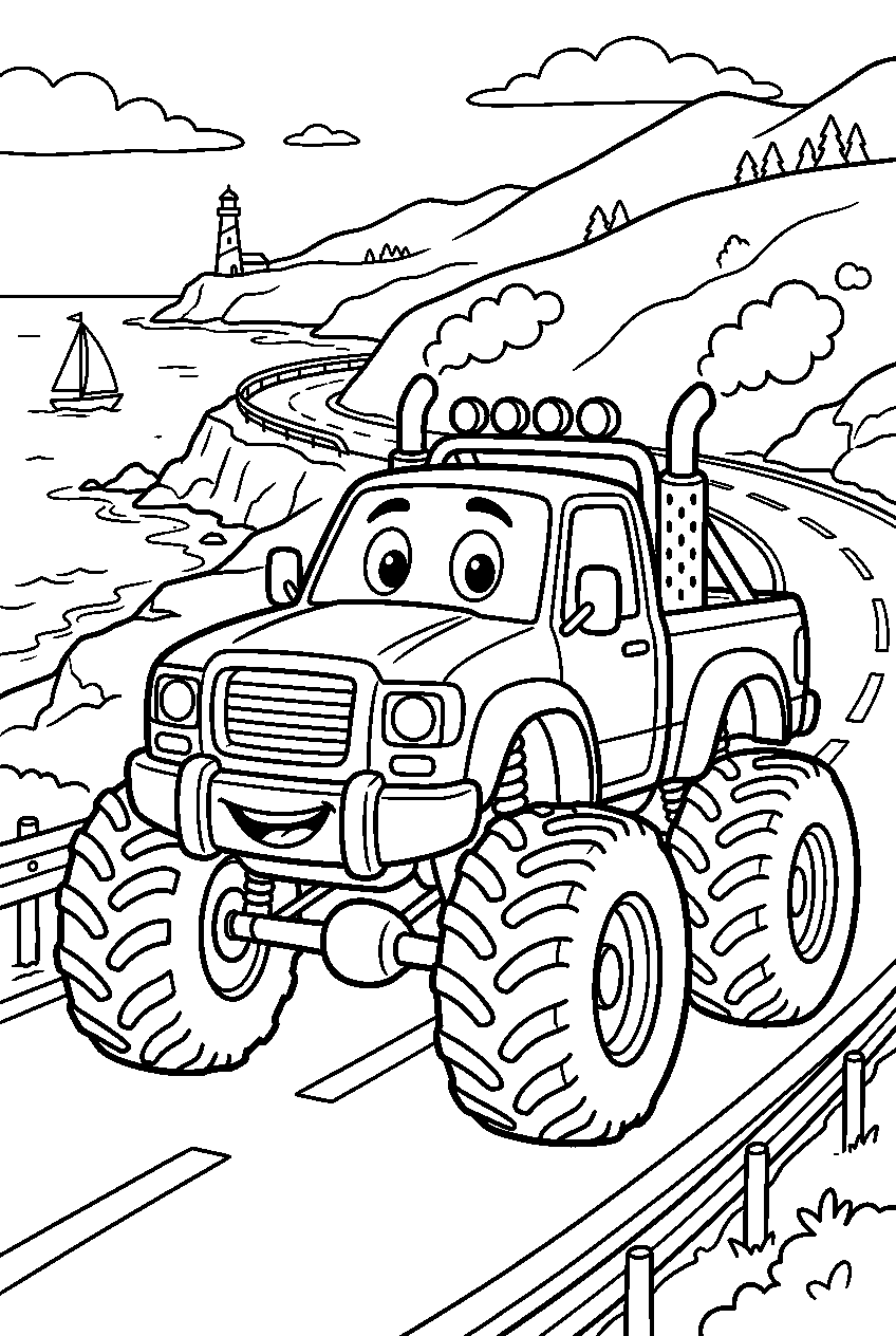 monster truck on coastal highway line art