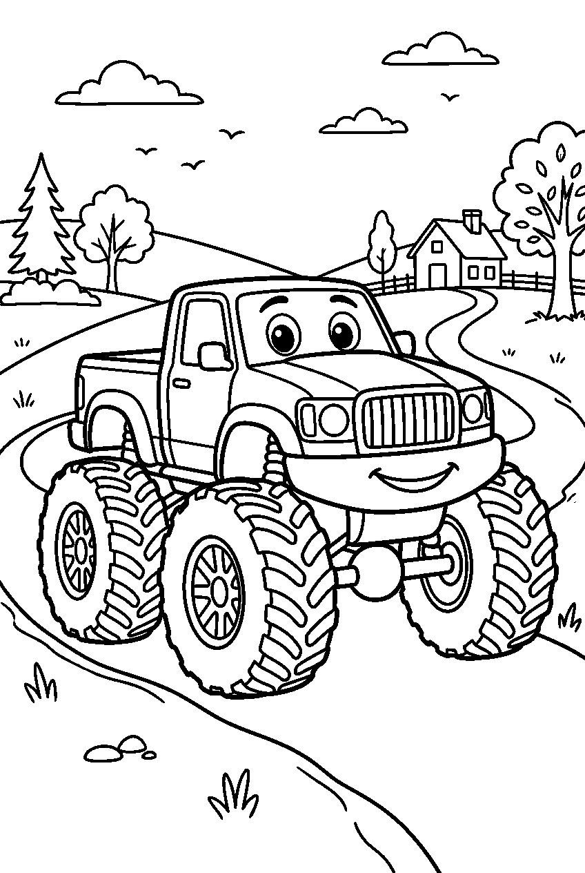 monster truck on country road line art