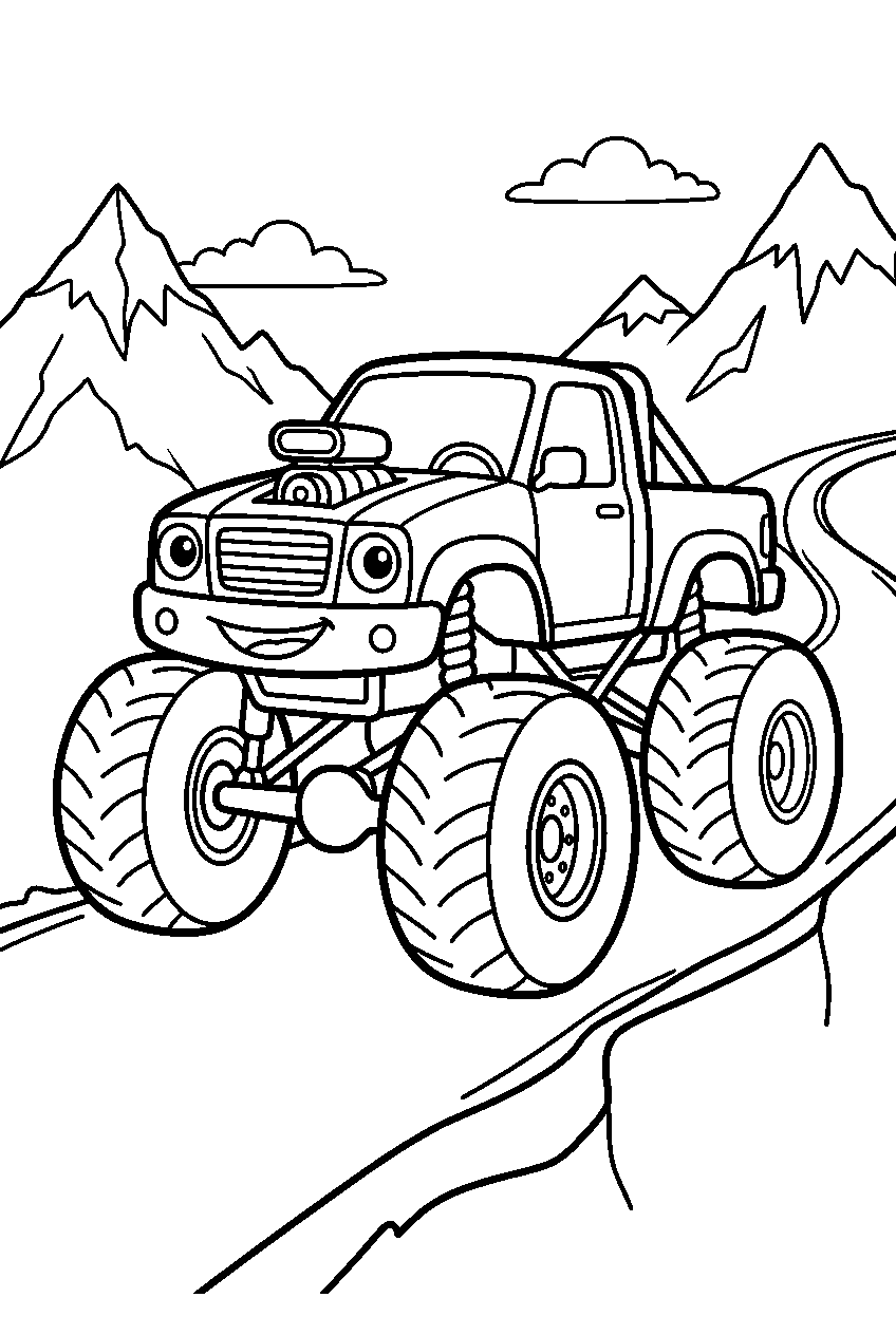 monster truck on mountain road line art