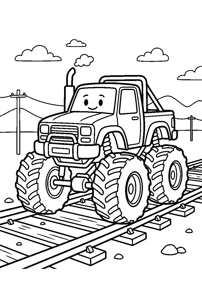 monster truck on railway tracks line art