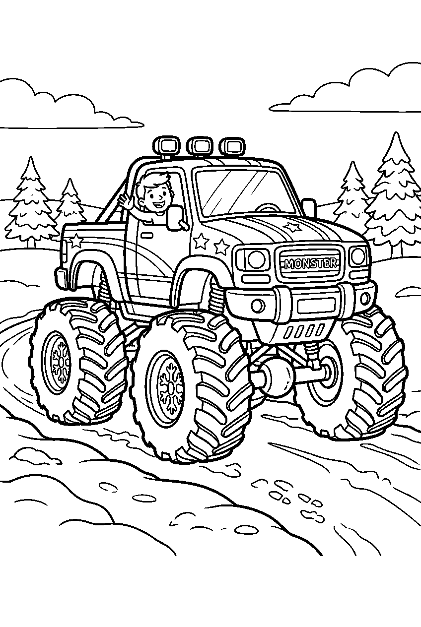 monster truck on snowy road line art
