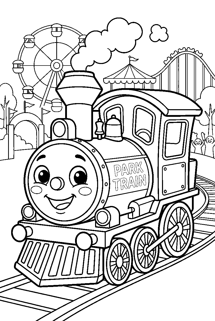 vehicles train at amusement park line art