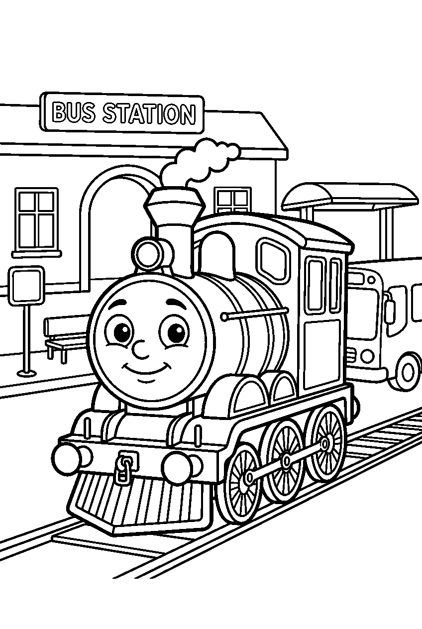 vehicles train at bus station line art