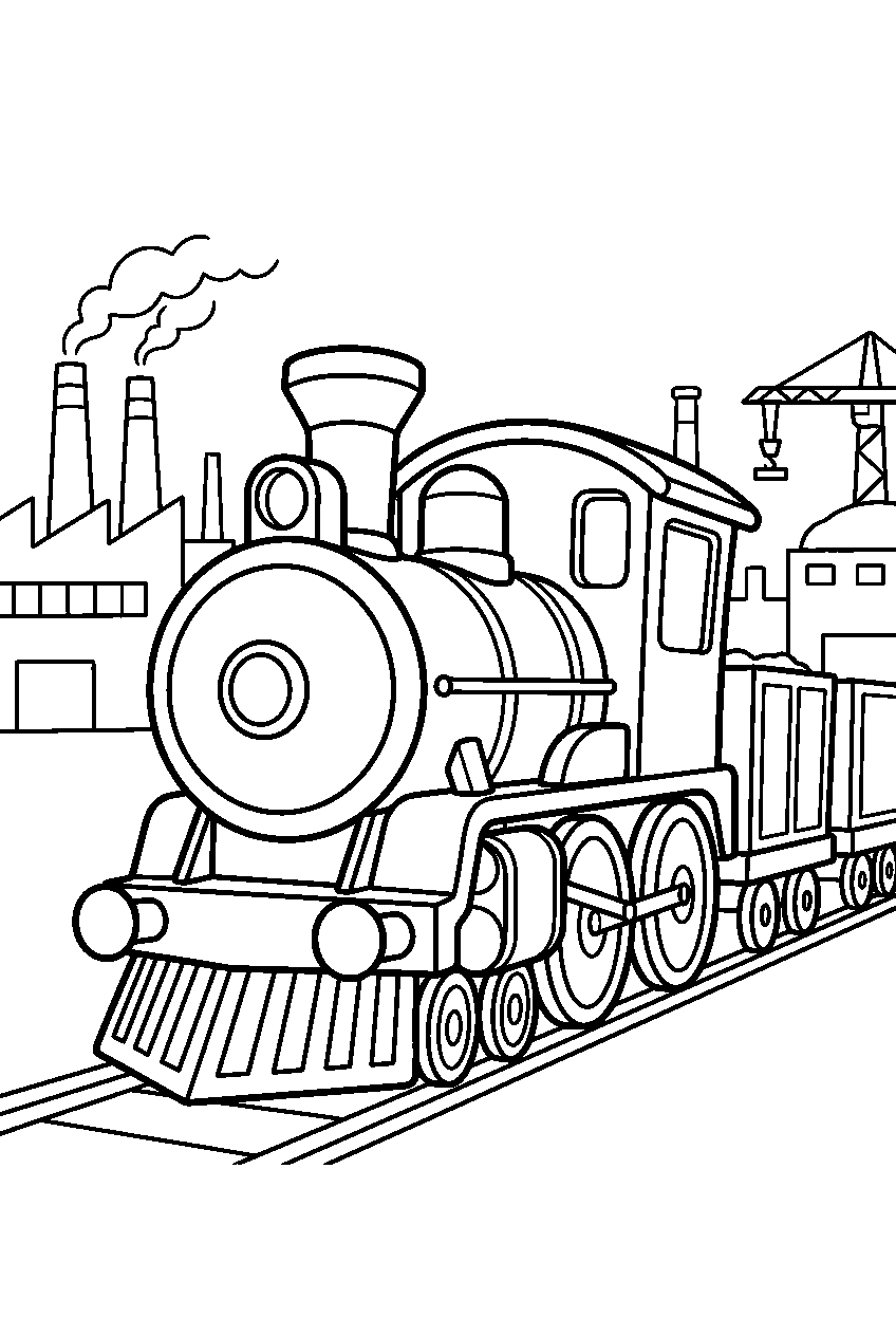 vehicles train in industrial area line art