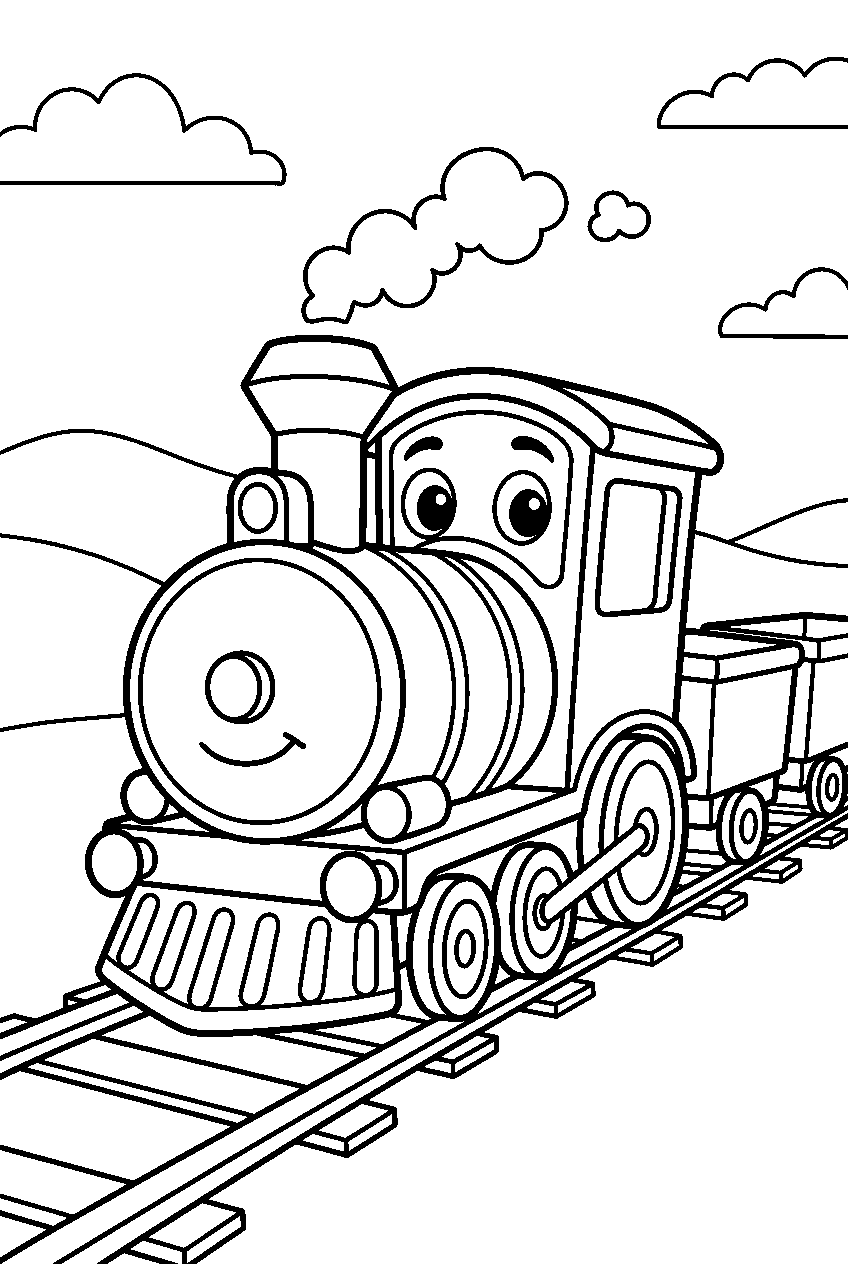 vehicles train on railway tracks line art