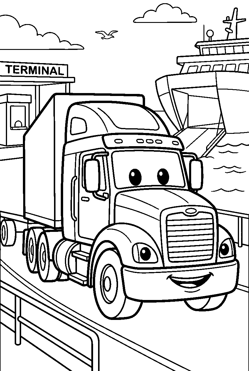 truck at ferry terminal line art