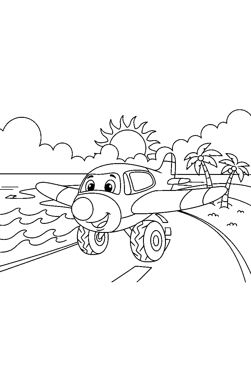 airplane driving on the road on a coastal road line art