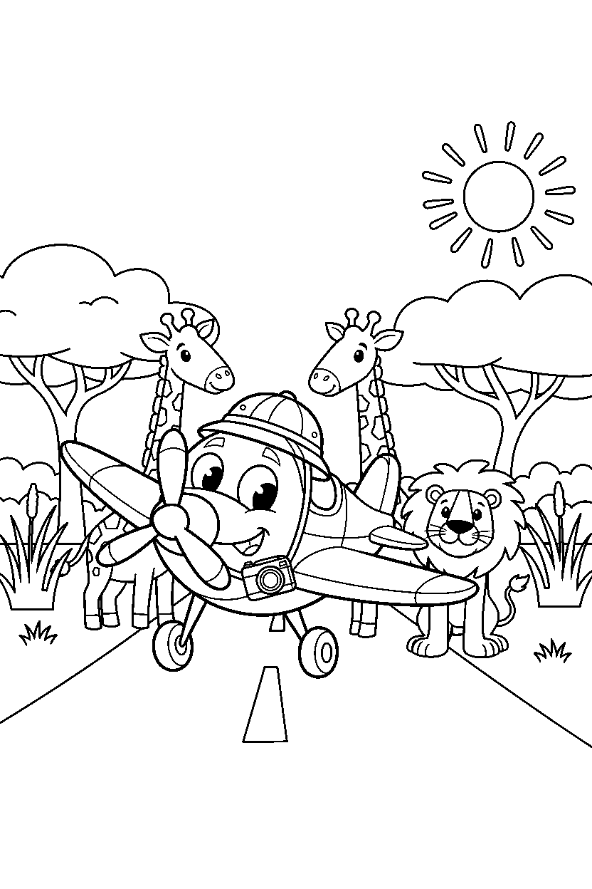 airplane posing for a picture on a safari road line art