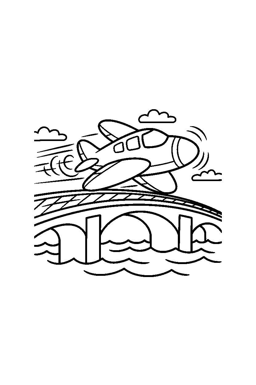 airplane speeding up on a bridge line art