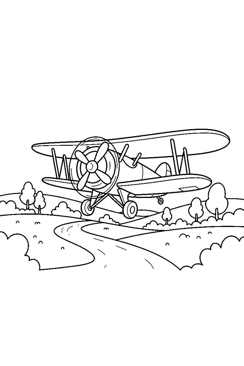 airplane turning gently on a country road line art
