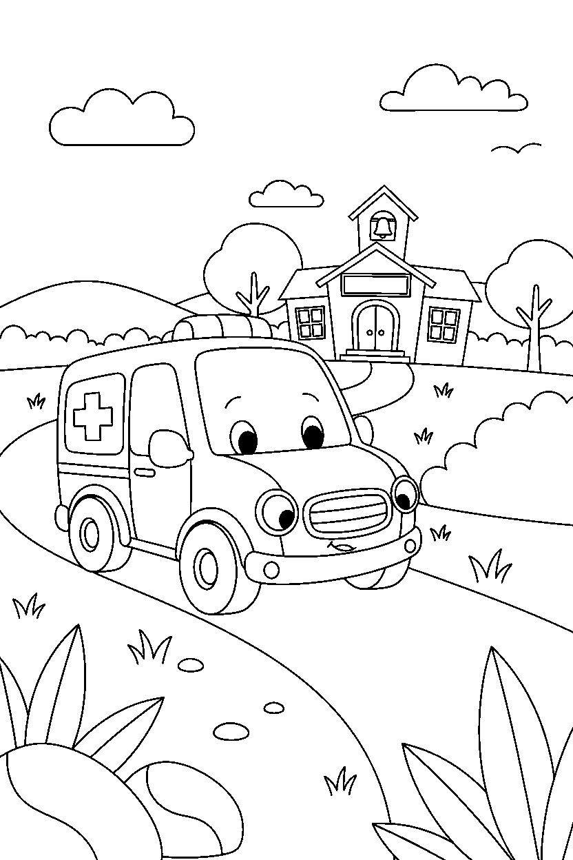 ambulance exploring a new place near a school line art