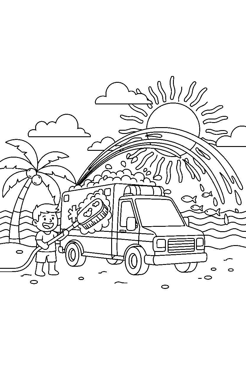ambulance getting washed near the beach line art