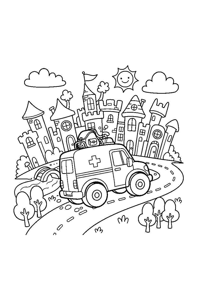 ambulance going on an adventure in a cartoon city line art