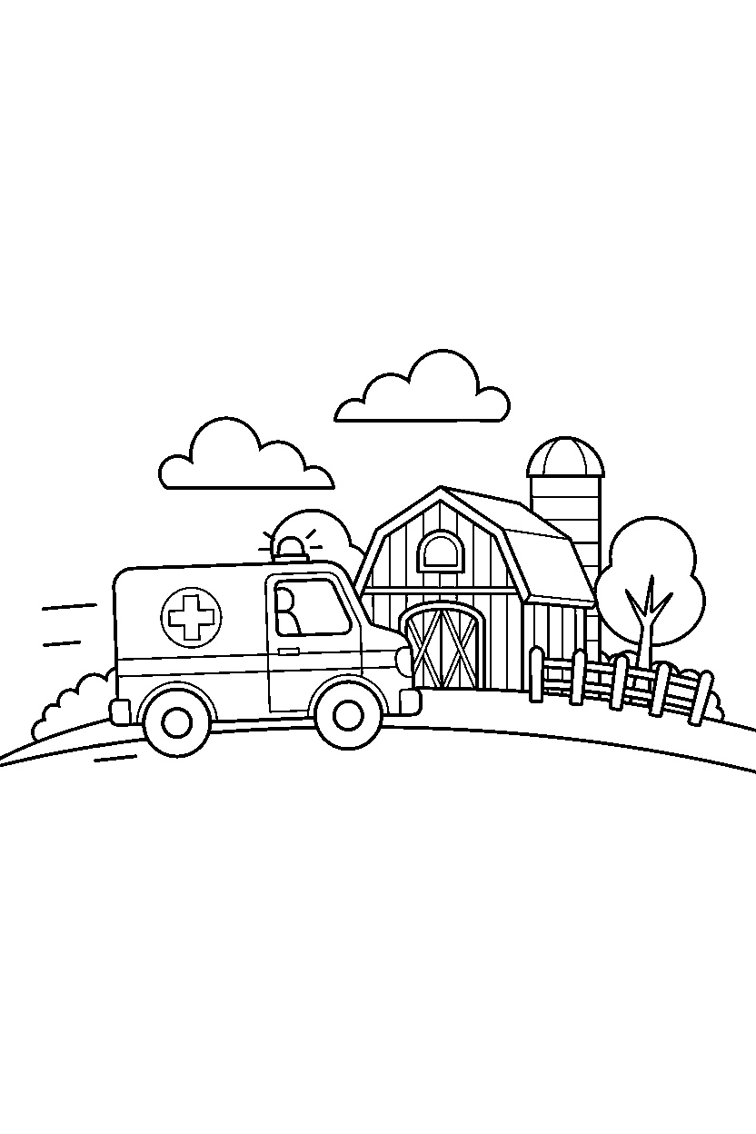 ambulance slowing down near a farm line art