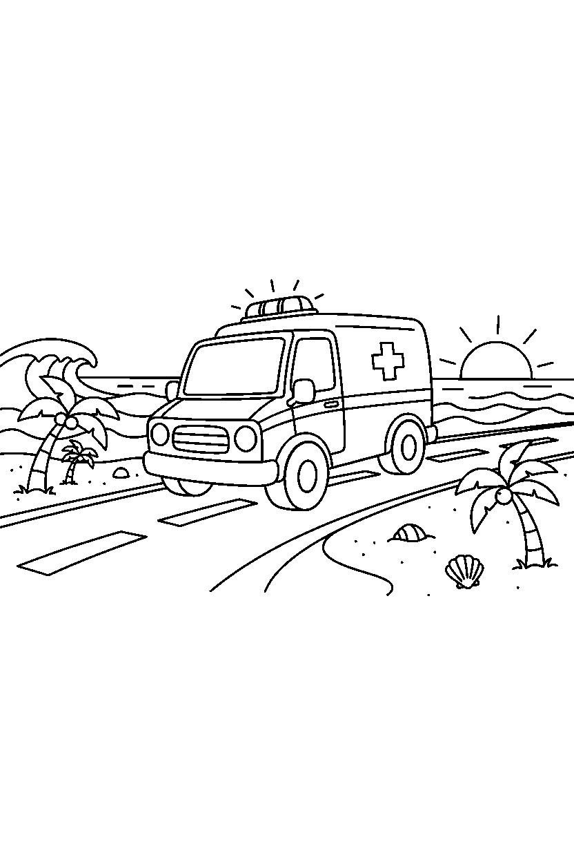ambulance turning near the beach line art