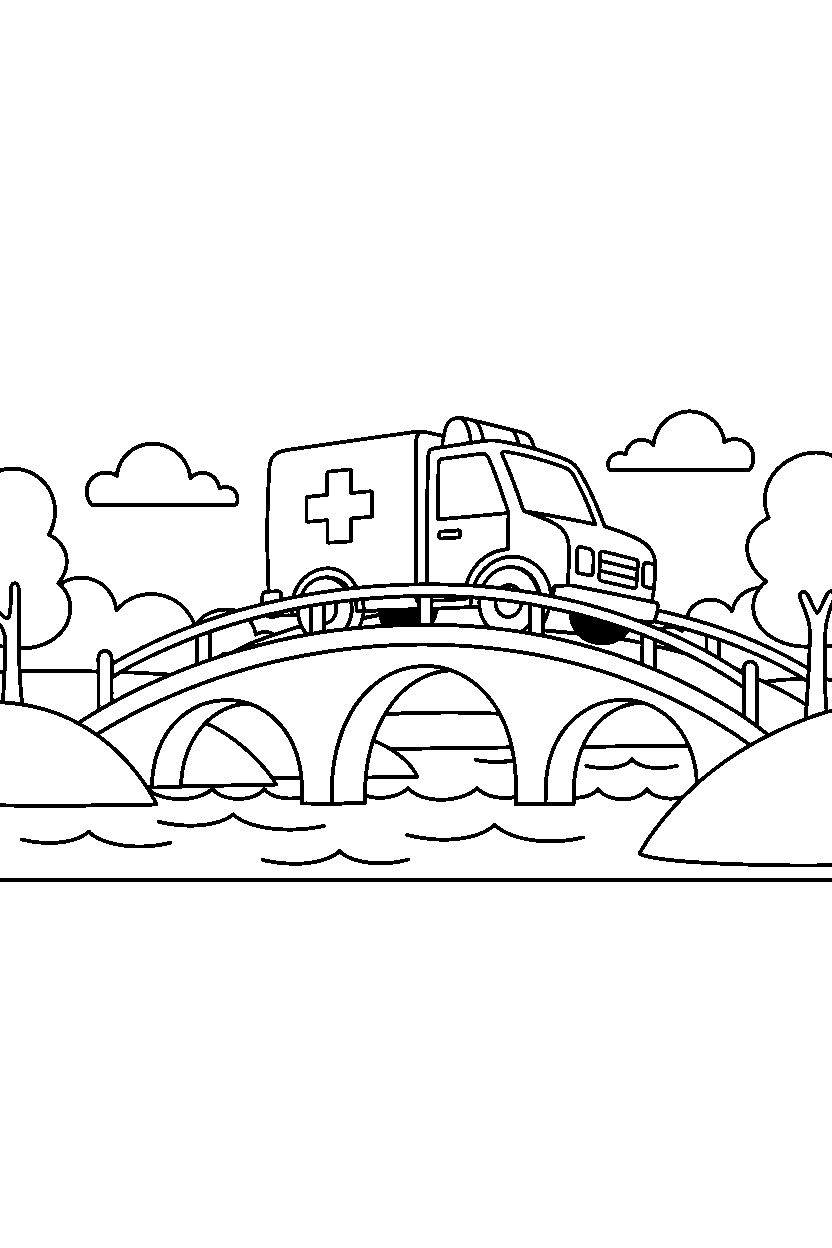 ambulance turning right on a simple bridge line art