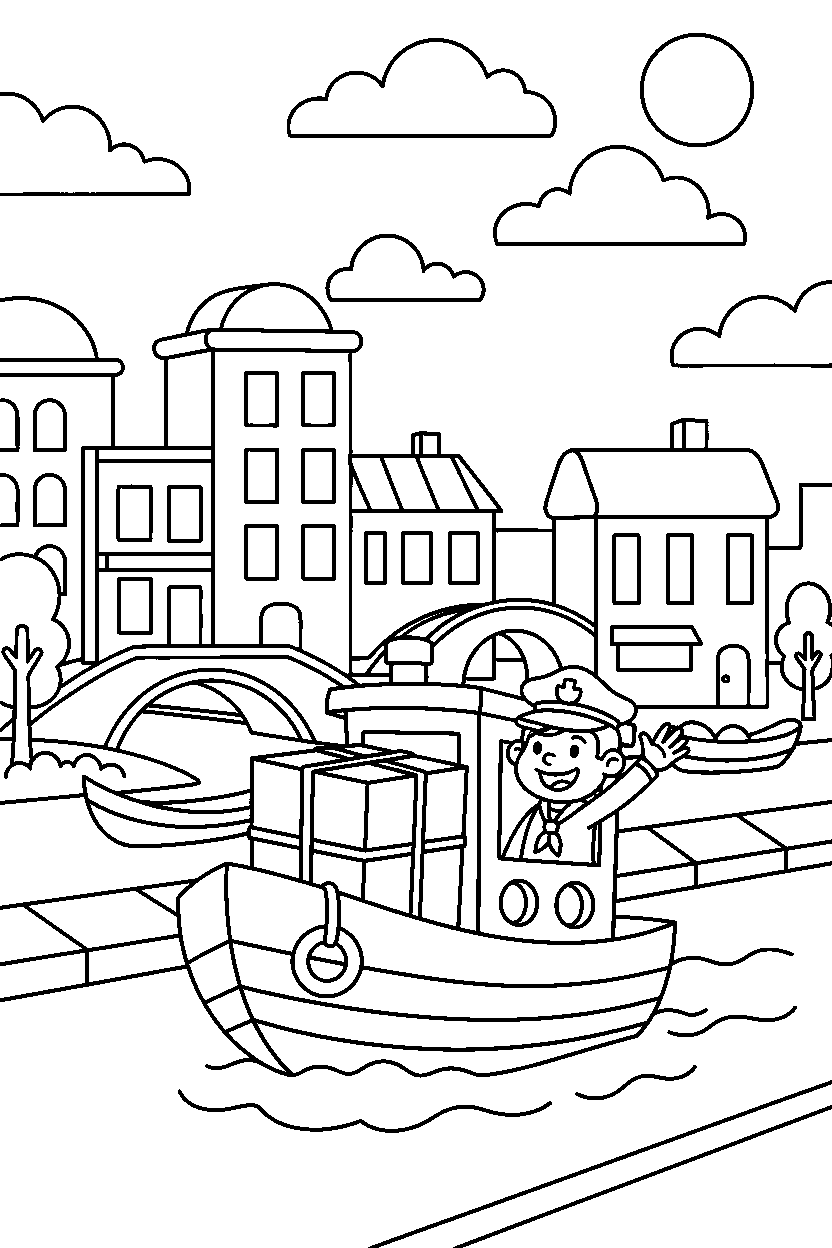 boat delivering a package in a cartoon city line art
