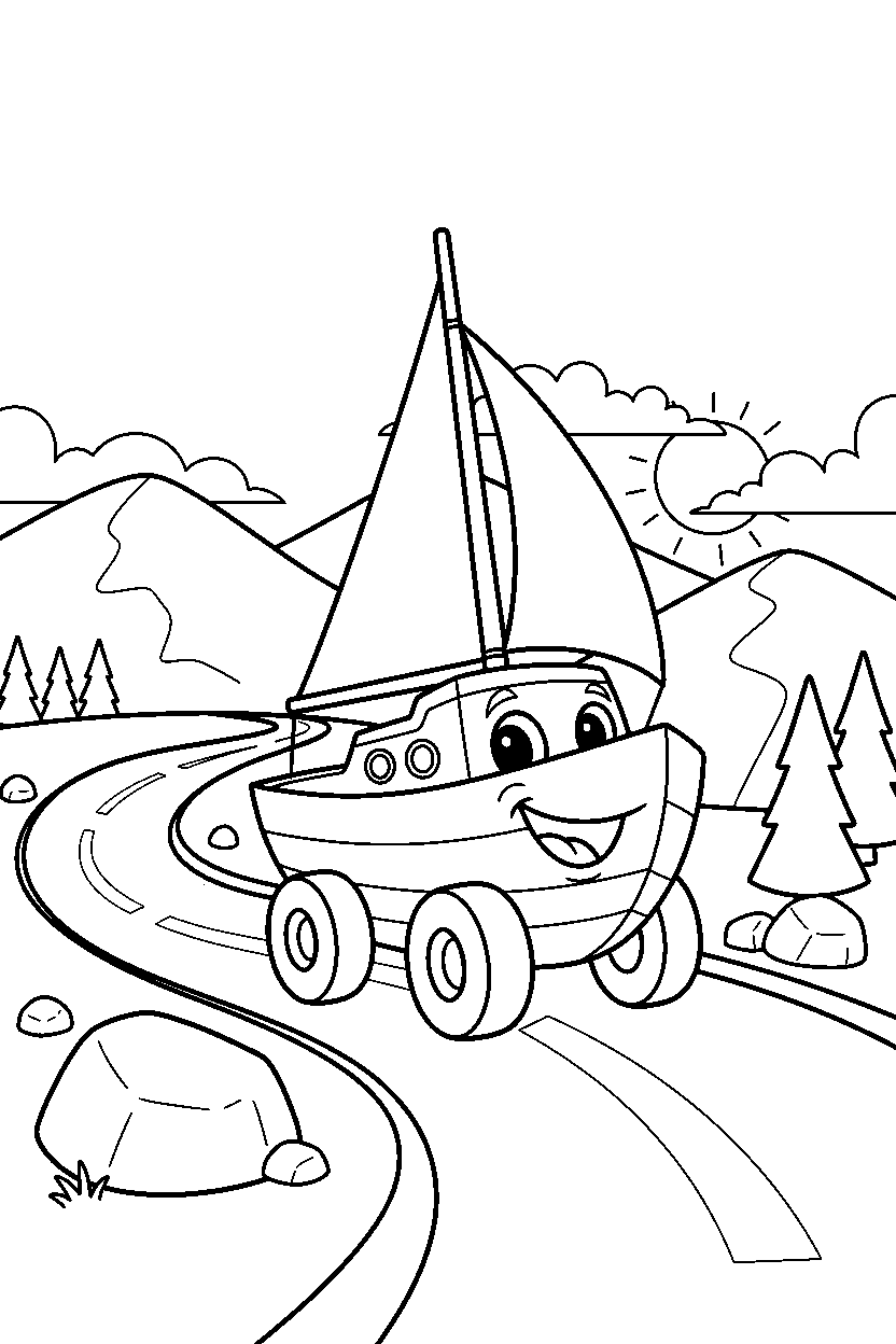 boat smiling happily on a mountain road line art