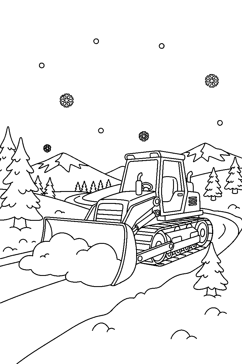 bulldozer moving carefully on a snowy road line art