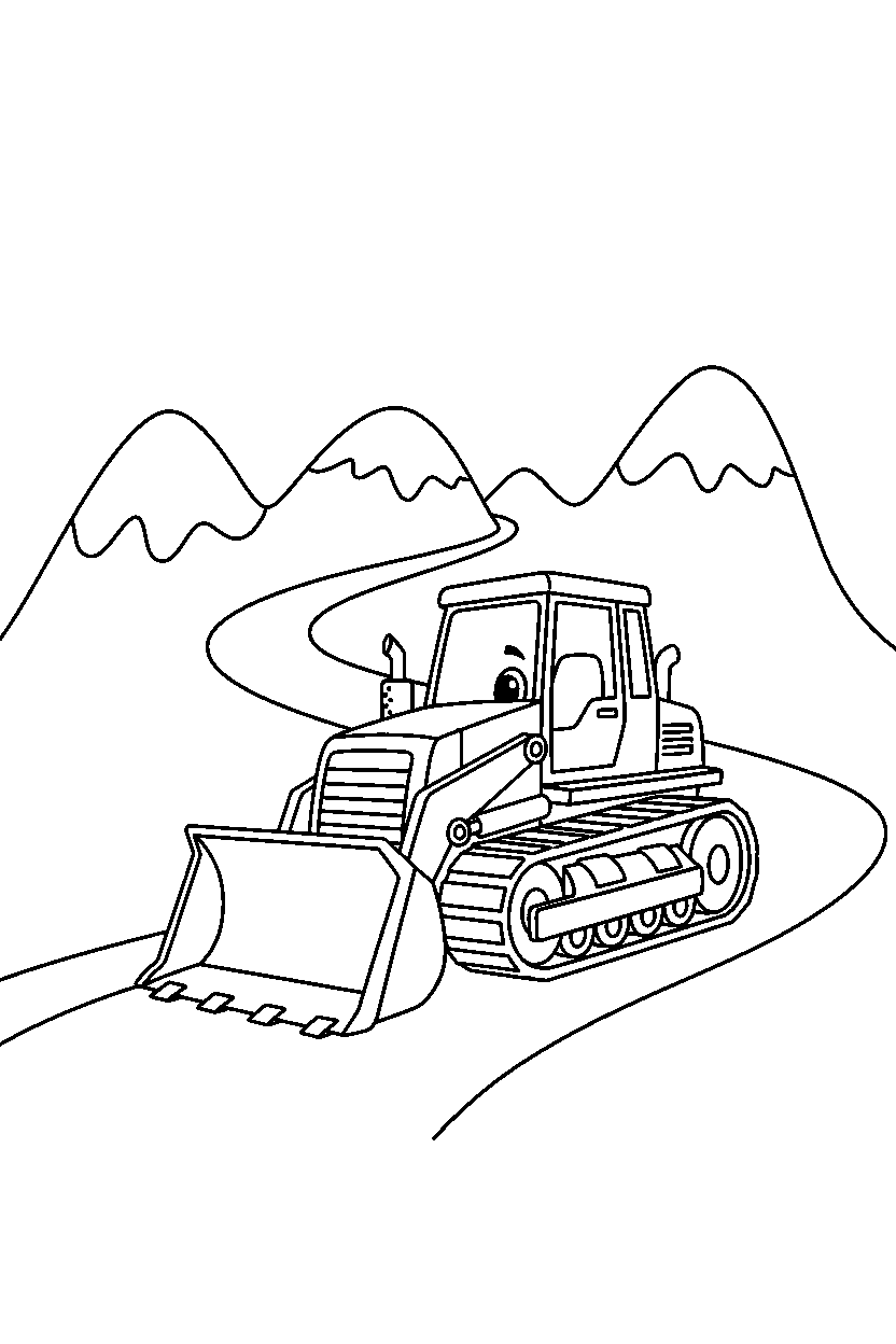 bulldozer posing proudly on a mountain road line art