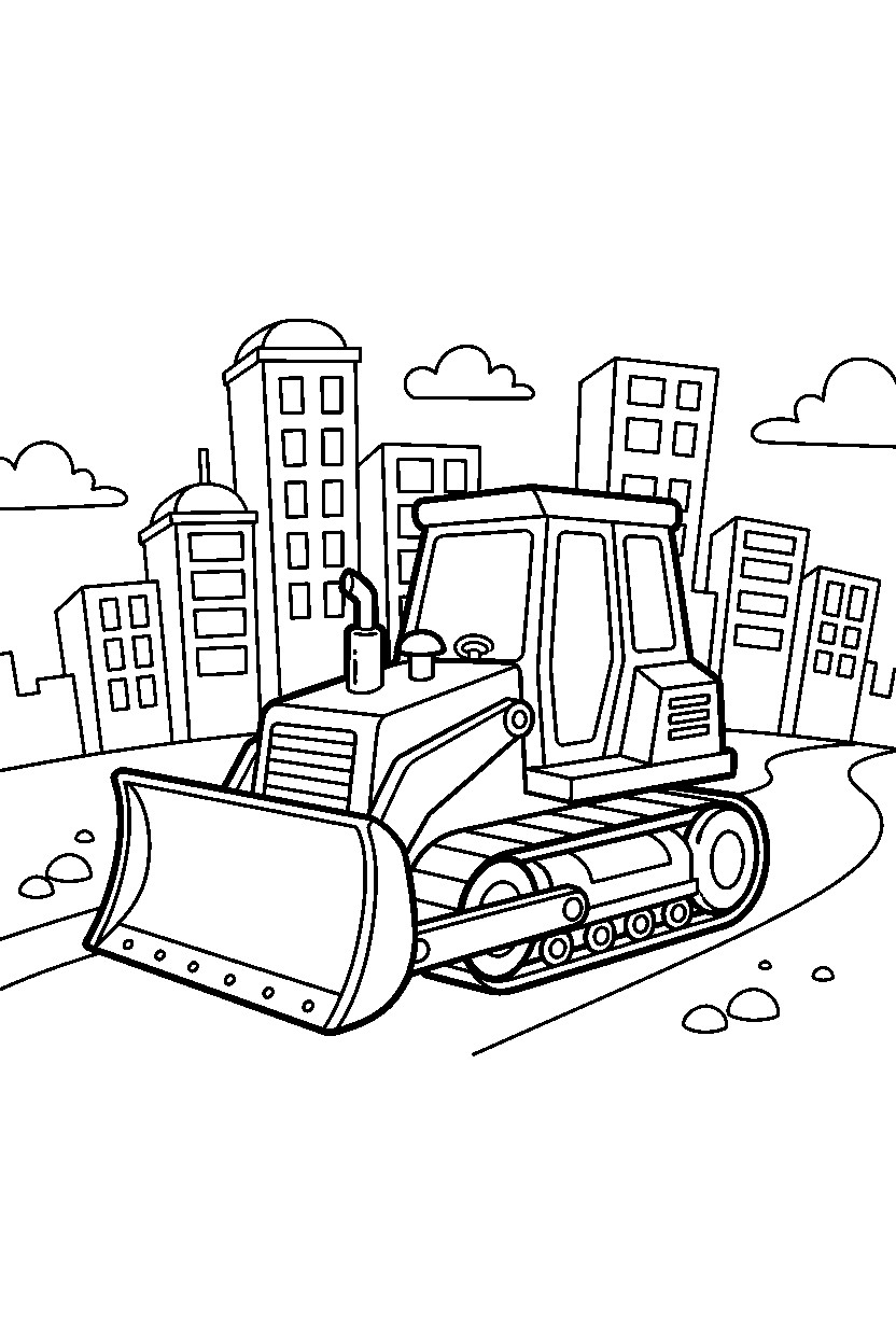 bulldozer turning left in a cartoon city line art