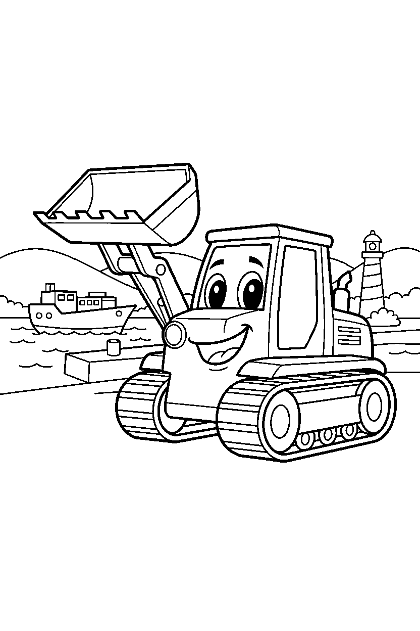 bulldozer waving happily at a harbor line art