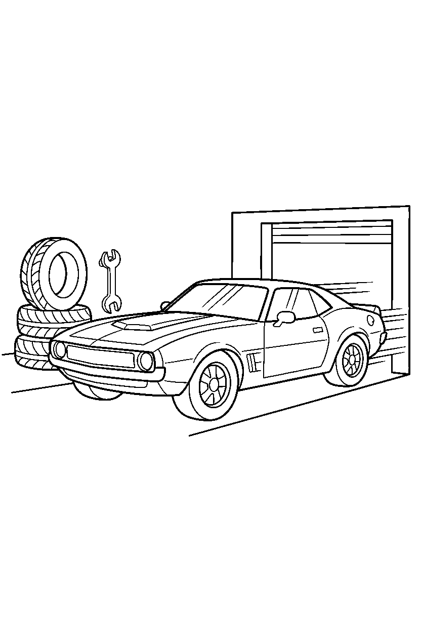 car speeding up at a car garage line art